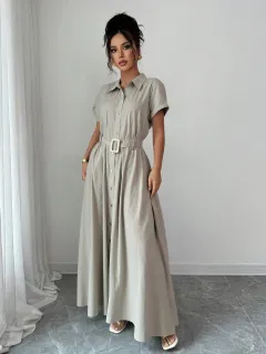 Short-Sleeve Shirt Waist-Cinched Maxi Dress - Grey - View 1