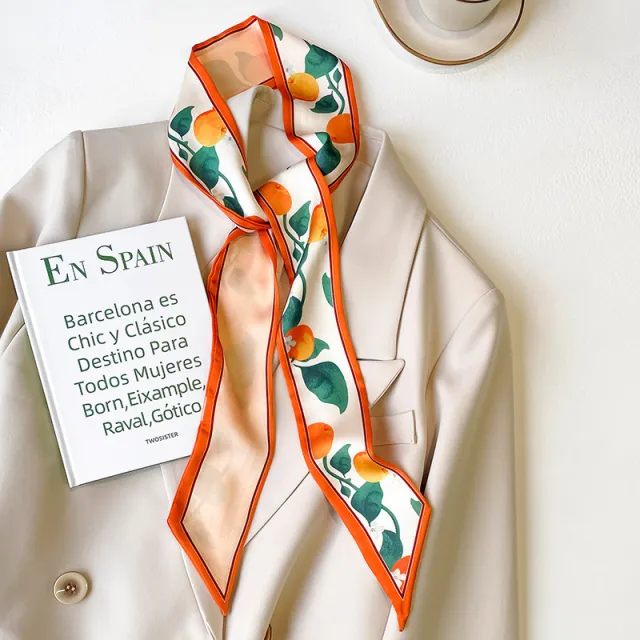 Fruit Pattern Thin Narrow Long Strip Of Silk Scarf Women Orange - Shop at LoveMi