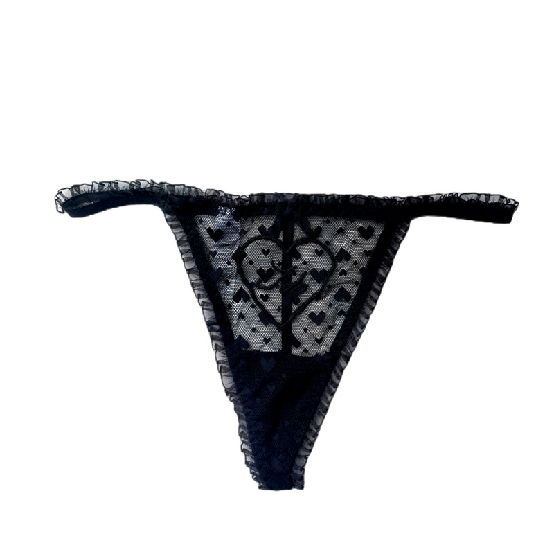 Women's Lace Transparent Embroidered Heart Thong Black - Shop at LoveMi