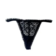 Women's Lace Transparent Embroidered Heart Thong - Black - View 1