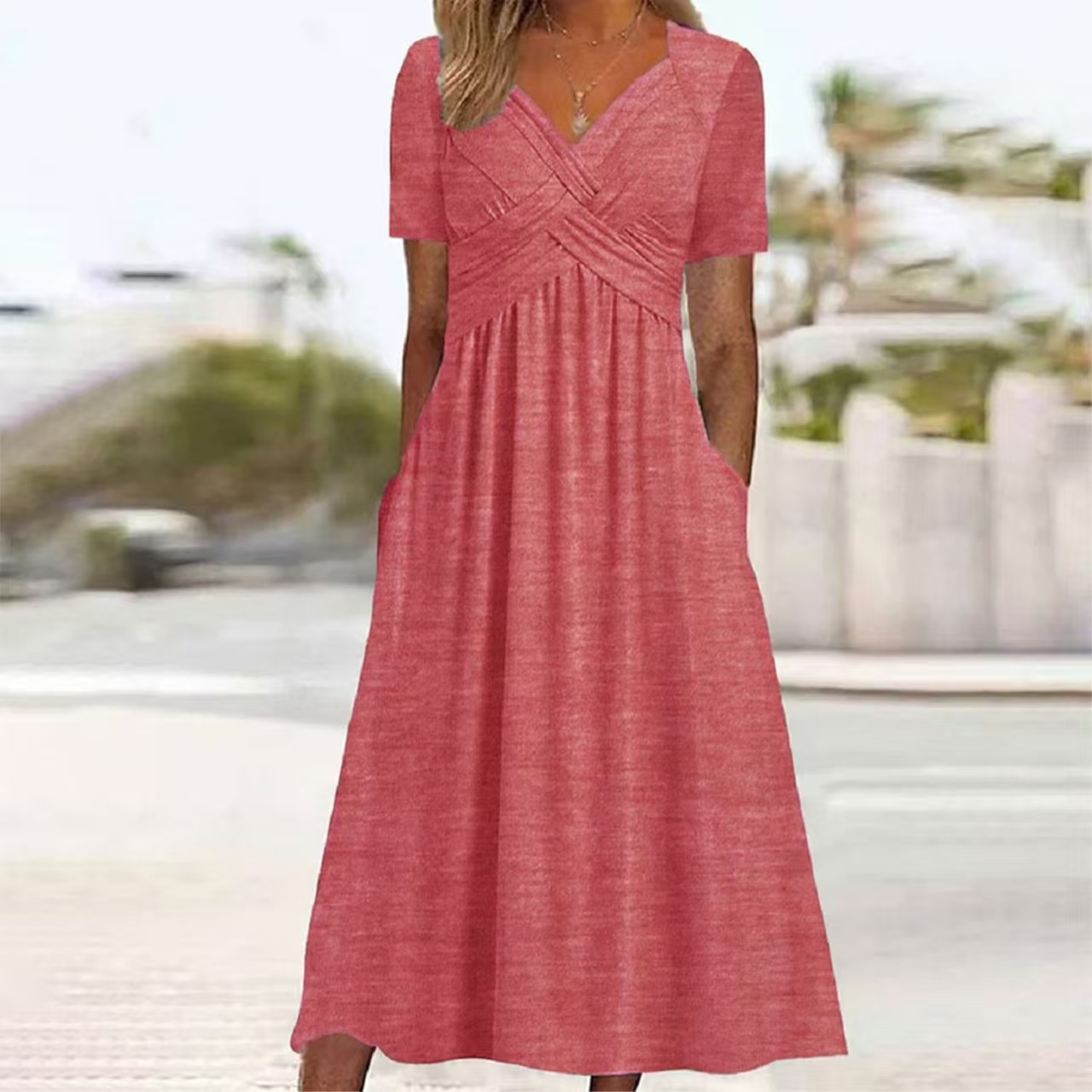 Summer New Short Sleeve Dress, V-Neck Women's Fashion Dress