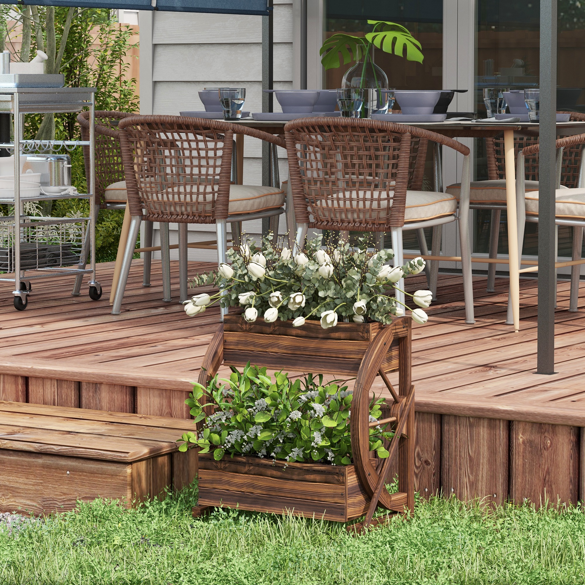 Wooden Wagon Planter Box, 2 Tier Raised Garden Bed, For Vegetables Flowers Herbs Carbonized - Shop at LoveMi