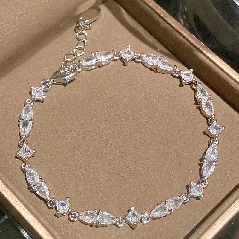 Korean Ins Rhombus Cubic Zirconia Bracelet Dainty Handmade Crafted Bangle Artisan Jewelry