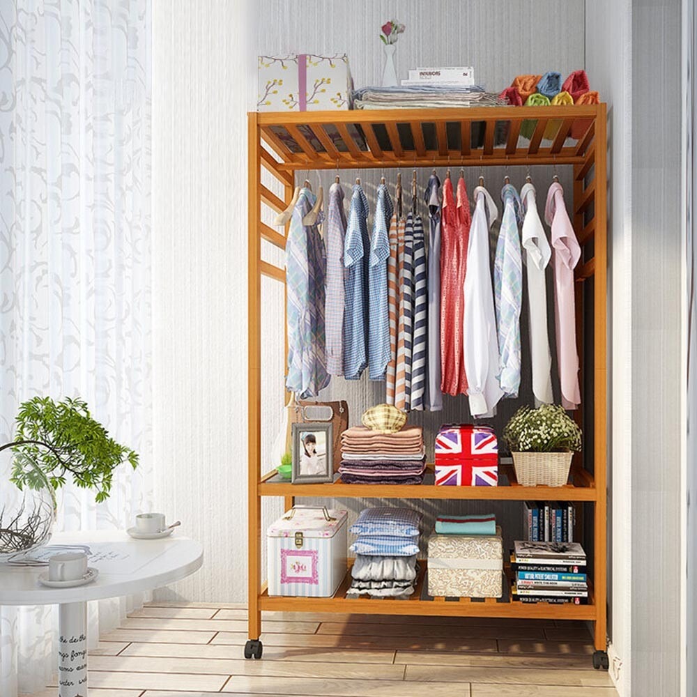 Heavy Duty Wooden Clothes Rail Rack Garment Hanging Stand Corner Open Wardrobe — image 6