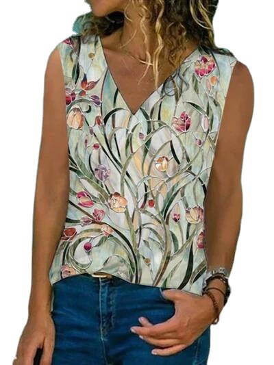 V-neck Digital Print Sleeveless T-shirt Vest