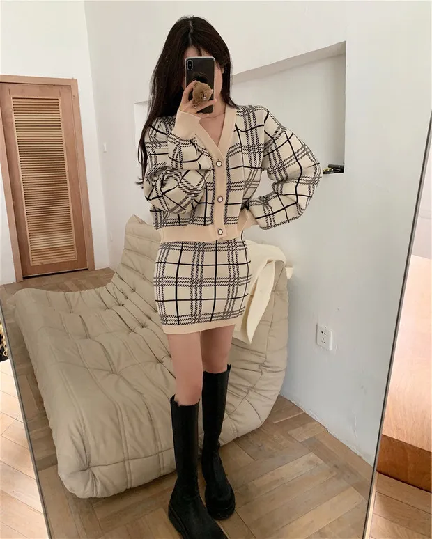 V neck Plaid Knitted Cardigan Sheath Skirt Skirt Outfit Apricot - Shop at LoveMi
