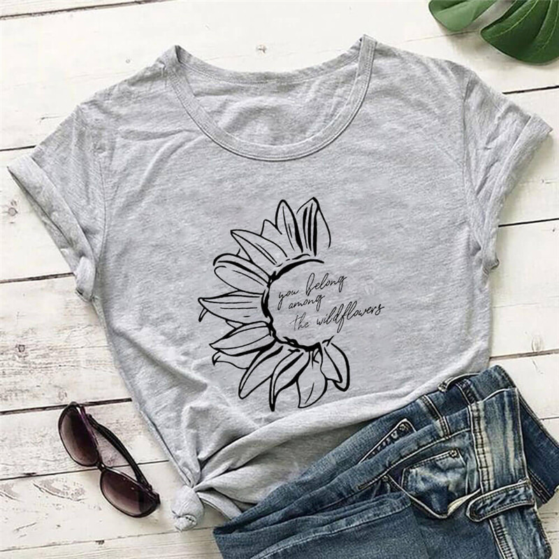 You Belong Among The Wildflower Crew Neck Short Sleeve Grey - Shop at LoveMi