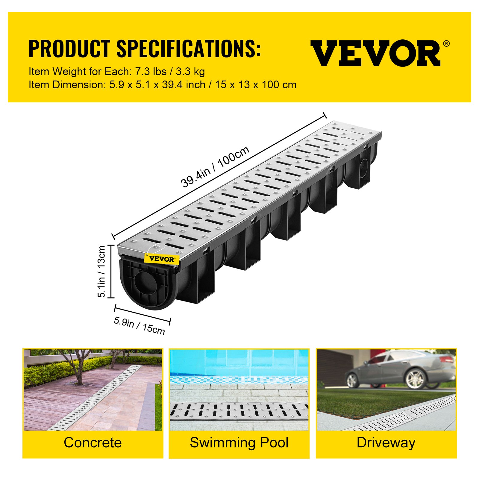 VEVOR Trench Drain System, Channel Drain With Metal Grate, 5.9x5.1-Inch HDPE Drainage Trench, Black Plastic Garage Floor Drain, 3x39 Trench Drain Grate, With 3 End Caps, For Garden, Driveway-3 Pack image 3