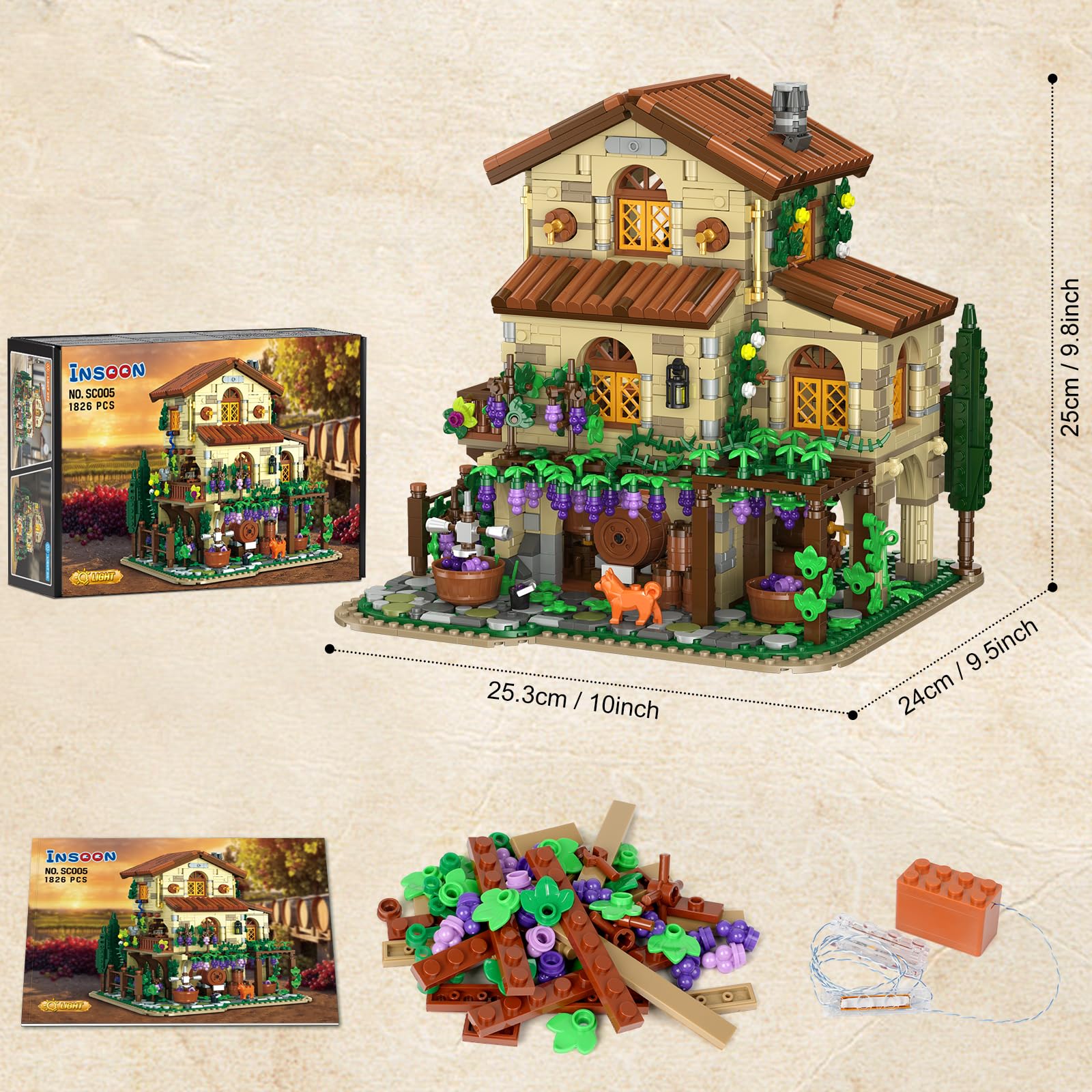 Winery Chateau House Building Set With Lights, Vineyard Castle Construction Model Home Decor, Vine Estate Autumn Cabin Building Block Kit, Birthday Gift For Adults Teens Boys Girls