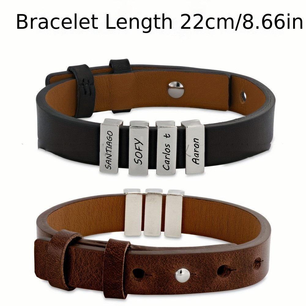 Customized Family Names Bracelet For Men Personalized Engraved Stainless Steel Beads Leather Bracelets Bangle Father's Day Gifts - Jewelry & Watches