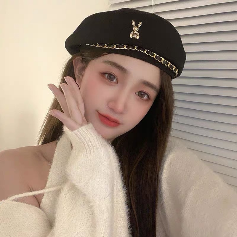 Autumn Winter Metal Chain Rabbit Female Beret