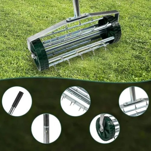 Heavy Duty Rotary Push Lawn Aerator With 3-Piece Long Steel Handle Spike Tine Design For Soil Aeration And Grass Maintenance Durable Rolling Garden And Yard Tool For Healthy Lawns