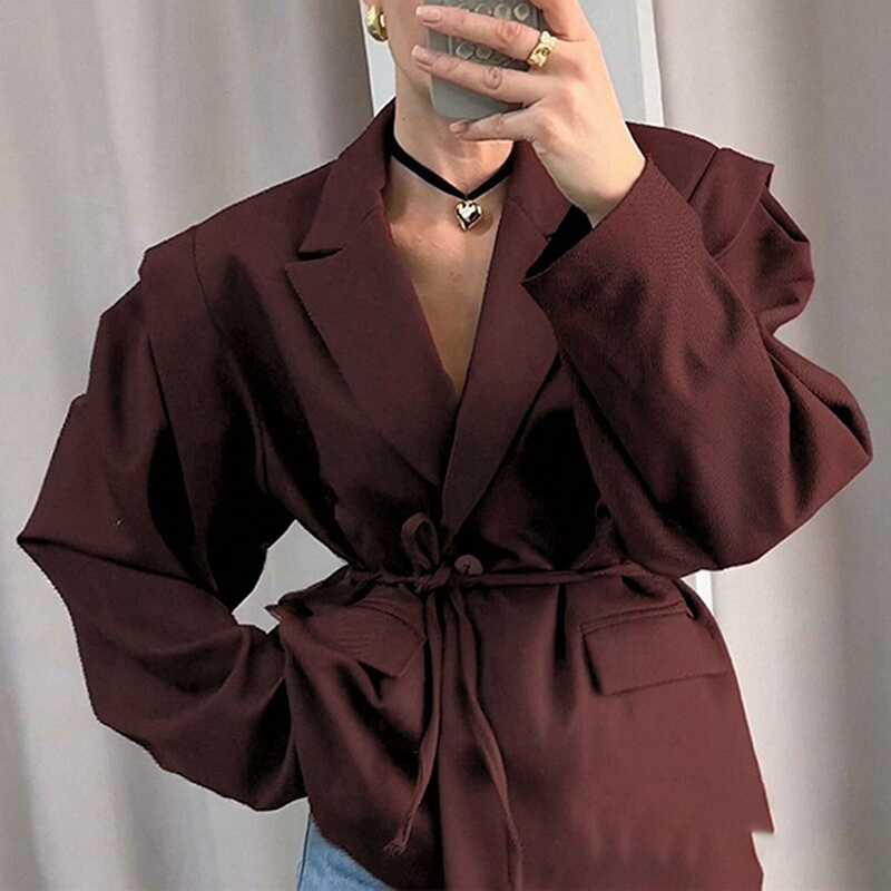 Women's Waist Tie Blazer Elegant Business Casual Solid Color Jacket For Fall Winter Office Red Brown - Shop at LoveMi