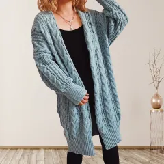Hemp Flower Shoulder Sleeve Long Sweater Coat Women - Blue - View 1