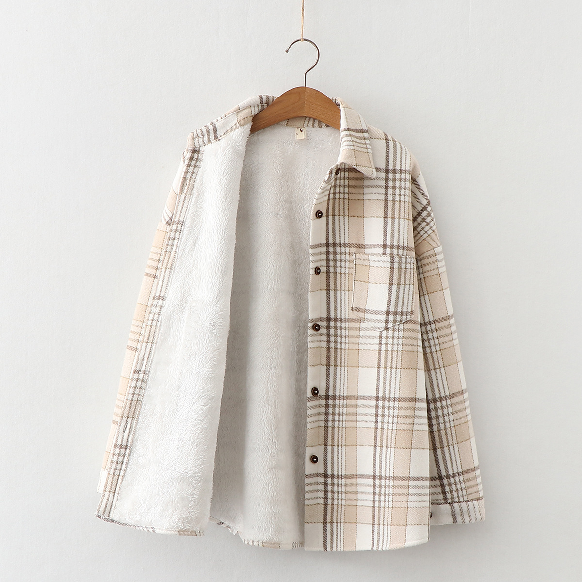 Women's Lazy Style Warm Woolen Coat With Thick Plaid Shirt