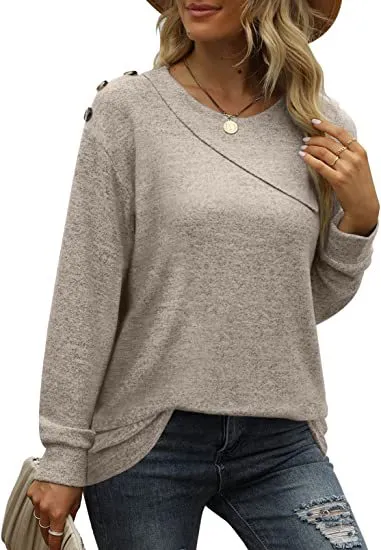 Women's Double Crew Neck Button Sweatshirt T Shirt Camel - Shop at LoveMi