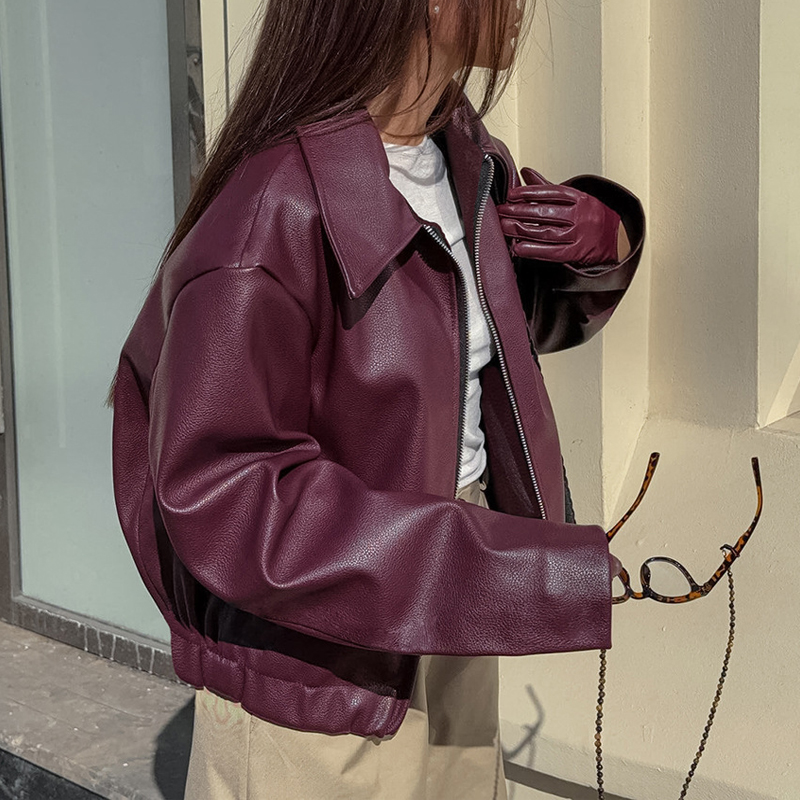 Vintage Style Women's Solid Color Faux Leather Jacket, Zip-Up Biker Jacket With Lapel Collar Casual Coat