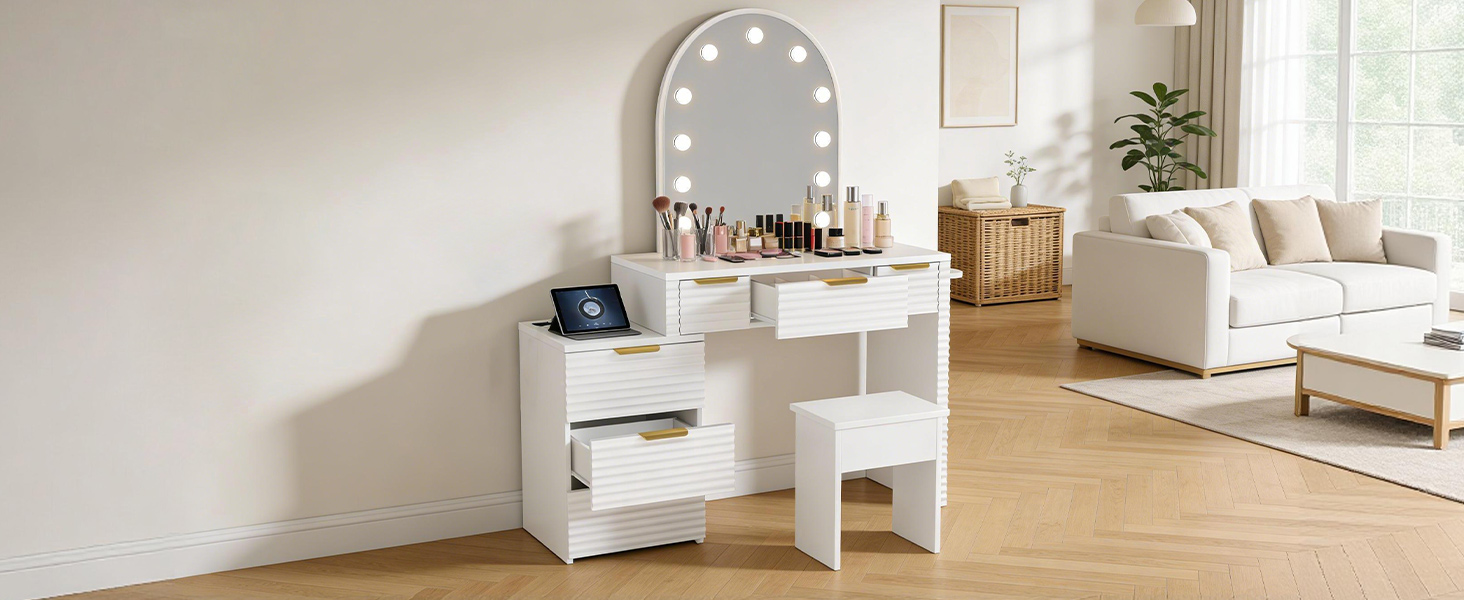 Makeup Vanity Desk With Mirror Lights Glass Tabletop 3 Lighting Modes Adjustable Vanity Table Modern Makeup Desk With Chair Power Outlet And 6 Drawers For Bedroom