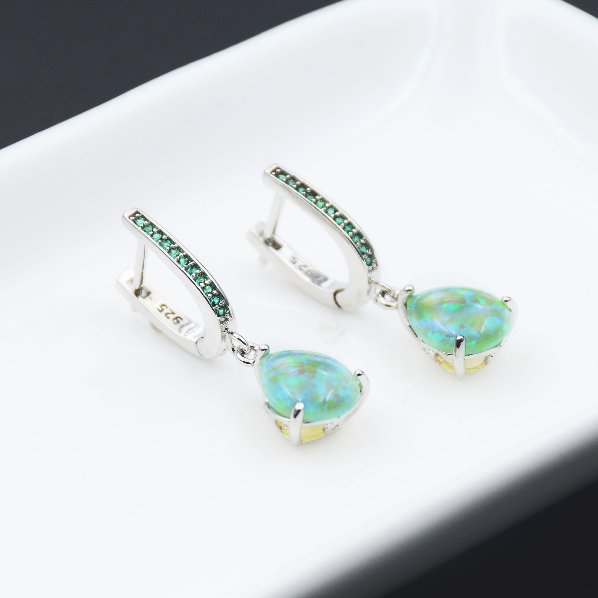 Green Drop Inlaid Zircon Opal Earrings