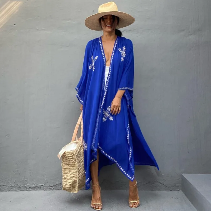 Rayon Embroidered Holiday Sun Protection Cardigan Beach Cover Up - Royal