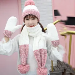 Three Piece Hat Scarf And Gloves For Women - Pink - View 1