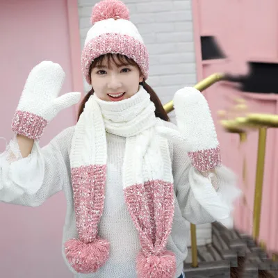 Three Piece Hat Scarf And Gloves For Women - Pink