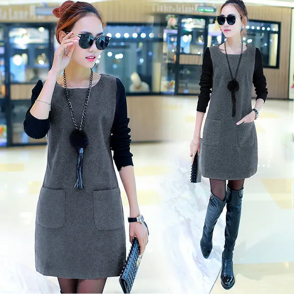 Korean Mid length Plus Velvet Padded Sweater Dress Grey - Shop at LoveMi