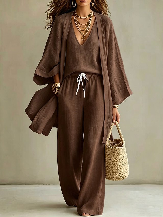 Women's Casual 3 Piece Outfit V-Neck Cami Top Open Front Cardigan And Drawstring Wide Leg Pants Set For Summer 8