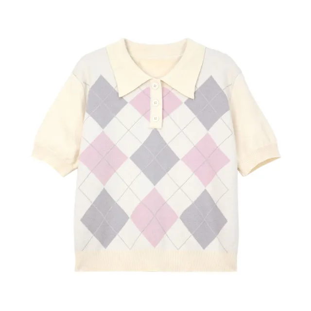 Women's Retro Diamond Polo Collar Short Sleeve Tshirt White - Shop at LoveMi
