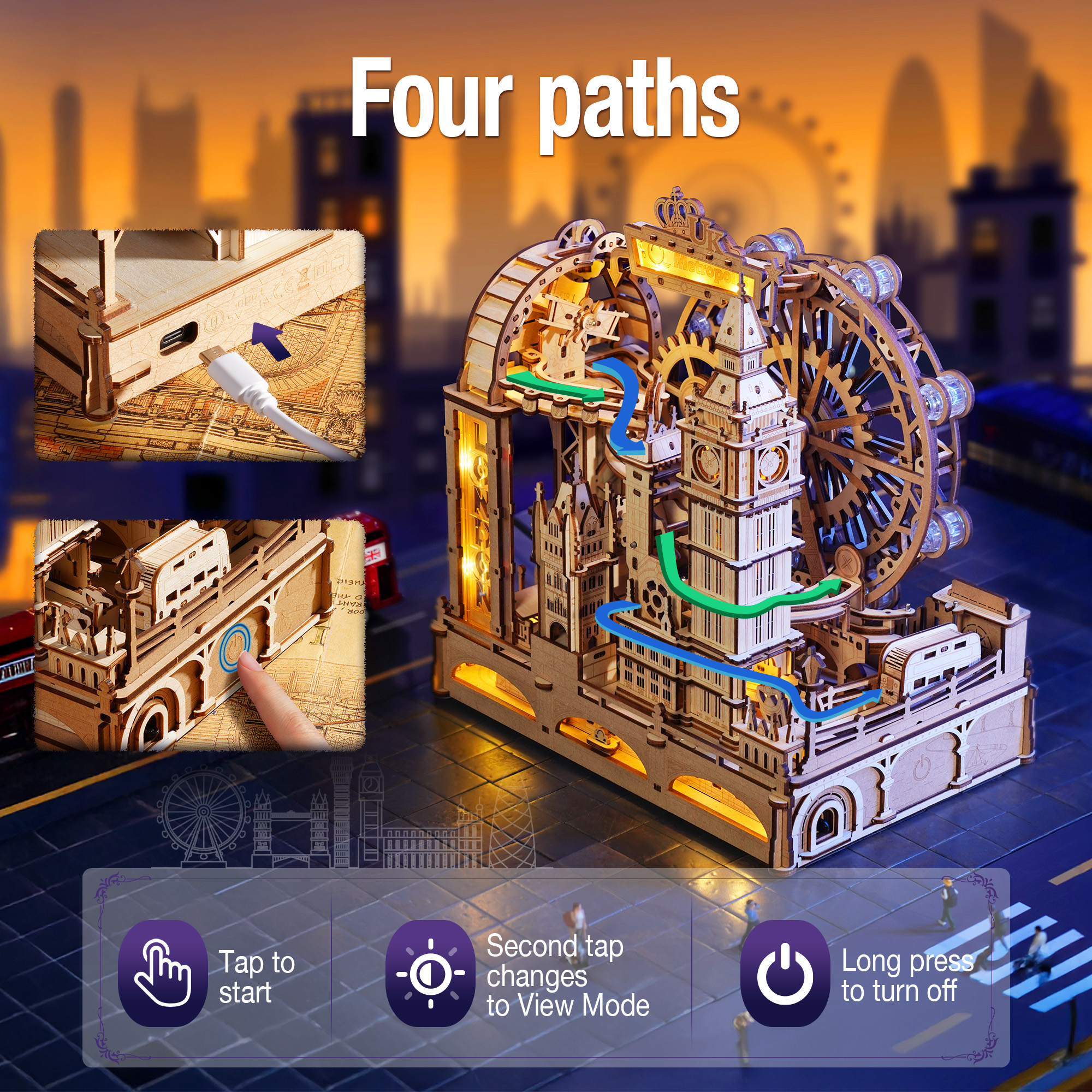 ROKR 3D Wooden Puzzle Marble Track - London City Model With LED Lights, 431-Piece Mechanical Building Set, Perfect For DIY Educational Engineering Art Gifts For Adults And Teens