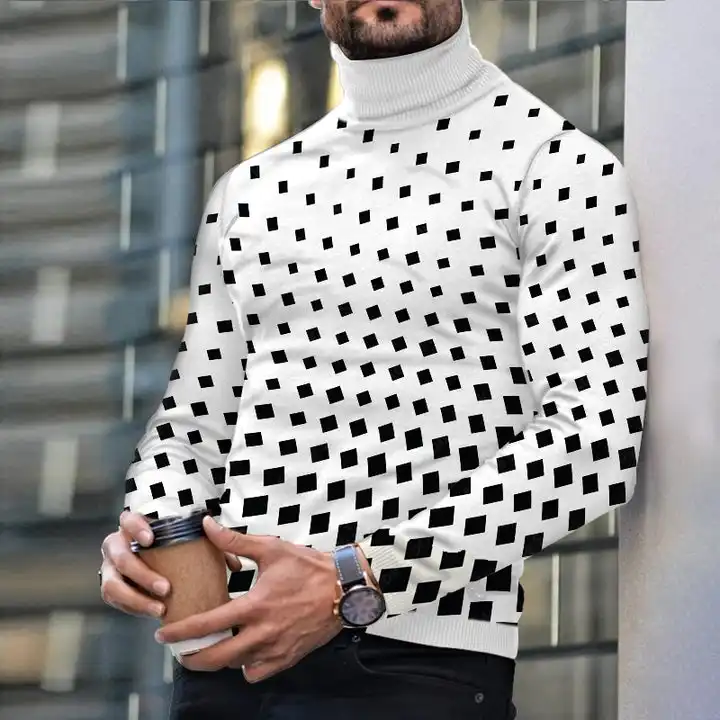 Autumn Winter Men's Long Sleeve Turtleneck T Shirt Printed Casual Top