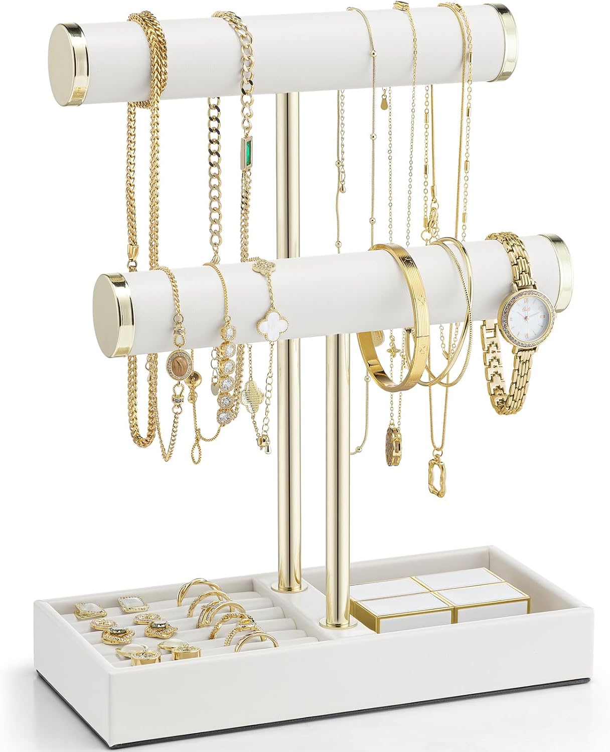 2 Tier Bracelet Holder With Tray, Leather Jewelry Stand Organizer For Necklaces, Watches, Rings, Earrings, Bangles & Scrunchies