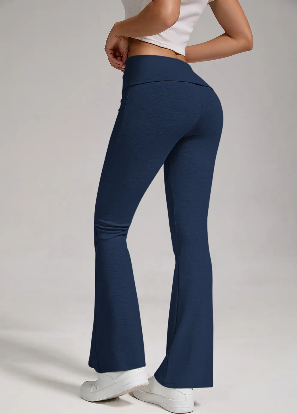 Sports, Leisure And Exercise Women's Low Waisted Flared Pants With Exposed Navel And Folded Waist Wide Leg Pants - Navy