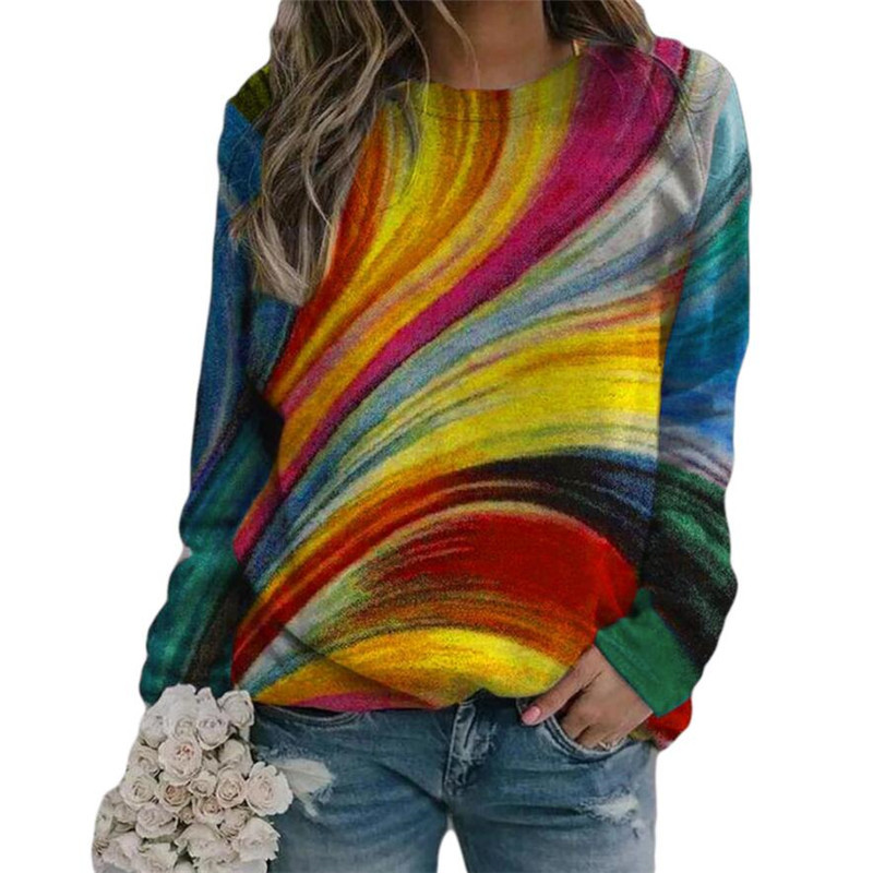 Title 5, Loose Color Print Pullover Round Neck Long Slee...