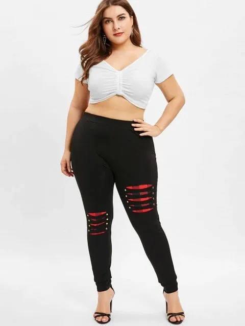 Knife Stitching Contrast Color Nailed Casual Leggings Black - Shop at LoveMi