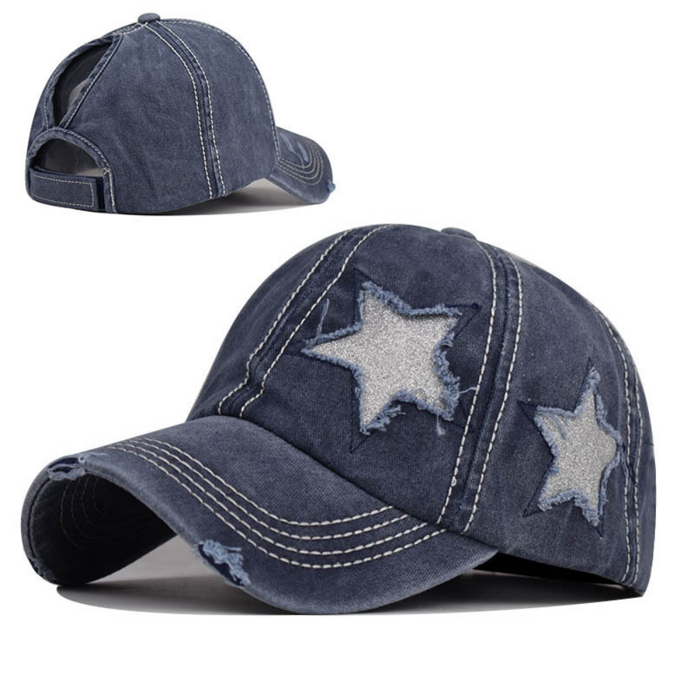 Summer Women's Washed-out Distressed Sequined Five-point Star Baseball Cap For Summer Outings, Sister Gatherings, Trendy Retro Style Hat