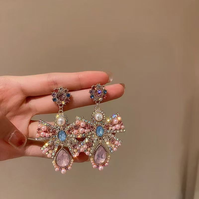 Pearl & Rhinestone Bow Floral Teardrop Stud Earrings For Women, French Retro Style Elegant Dainty Ear Jewelry