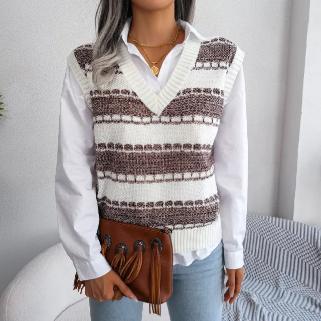 Fashion V neck Color Stripe Knitted Vest Sweater Coffee - Shop at LoveMi
