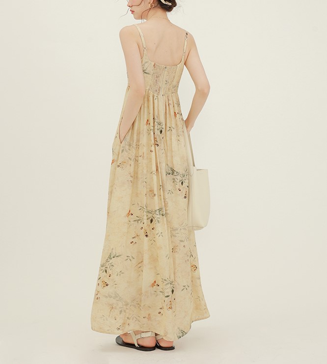 Women's Yellow Small Temperament Camisole Floral Dress