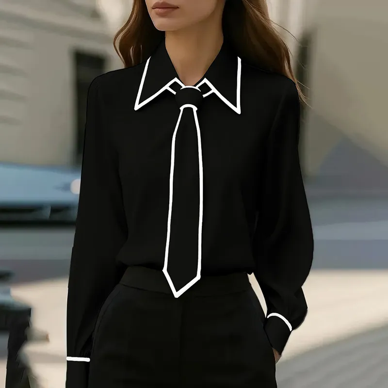 Women's Classic Tie & Lapel Blouse, Long Sleeve Contrast Colour Design Shirt For Office And Formal Wear - Black