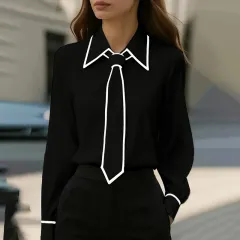 Women's Classic Tie & Lapel Blouse, Long Sleeve Contrast Colour Design Shirt For Office And Formal Wear - Black - View 1