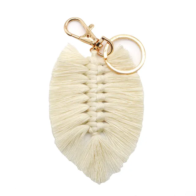 New Hand woven Cotton Rope Tassel Keychain Leaf Pendant Multicolor Beige - Shop at LoveMi
