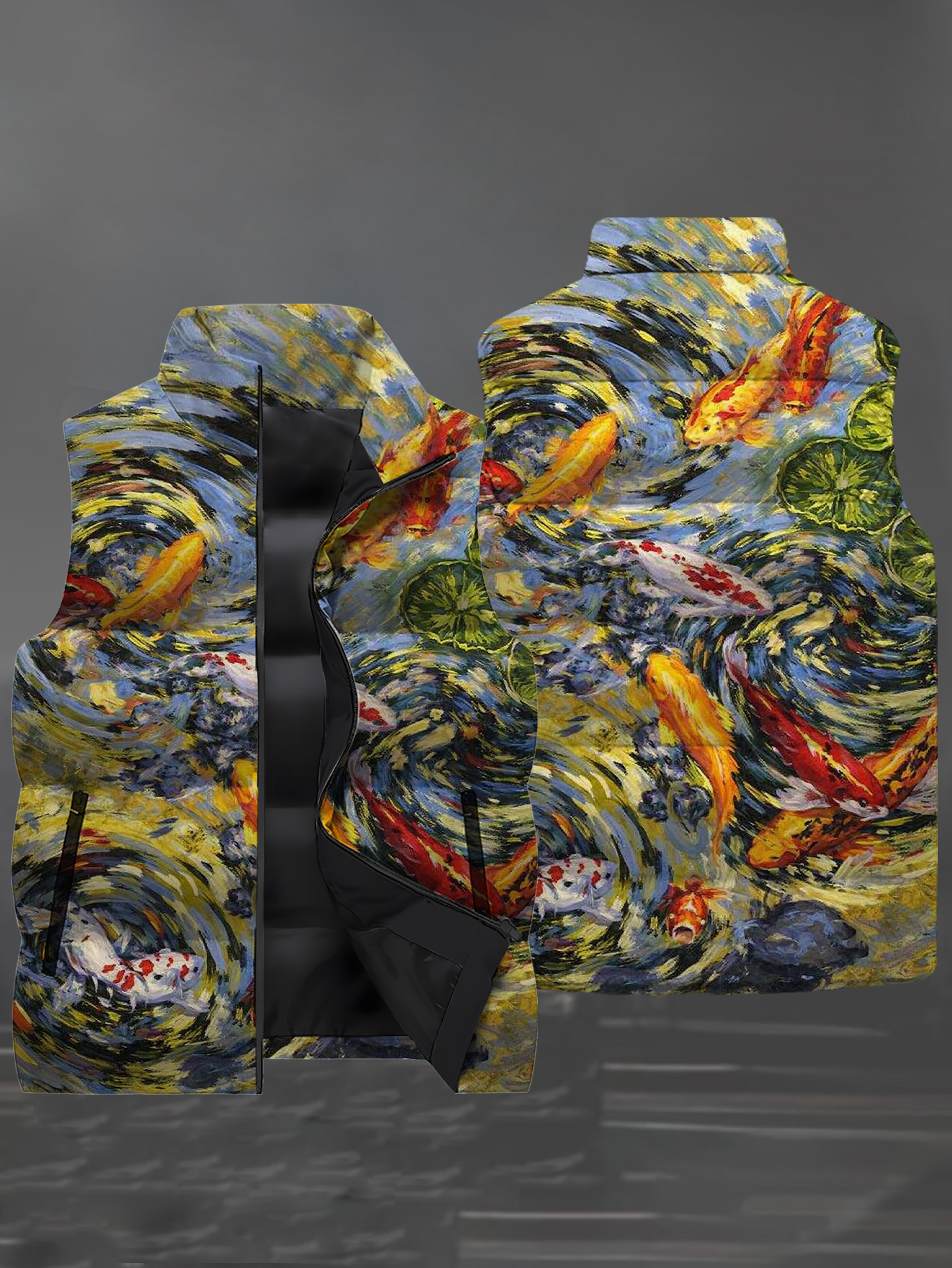 Men's 3D All Over Print Puffer Vest Van Gogh Style Koi Fish Oil Painting Sleeveless Waistcoat Stand Collar Winter Warm Casual Outerwear Customizable Pattern