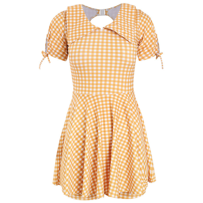 Plaid Pleated Skirt Conservative Short Sleeve Student Lapel Dress