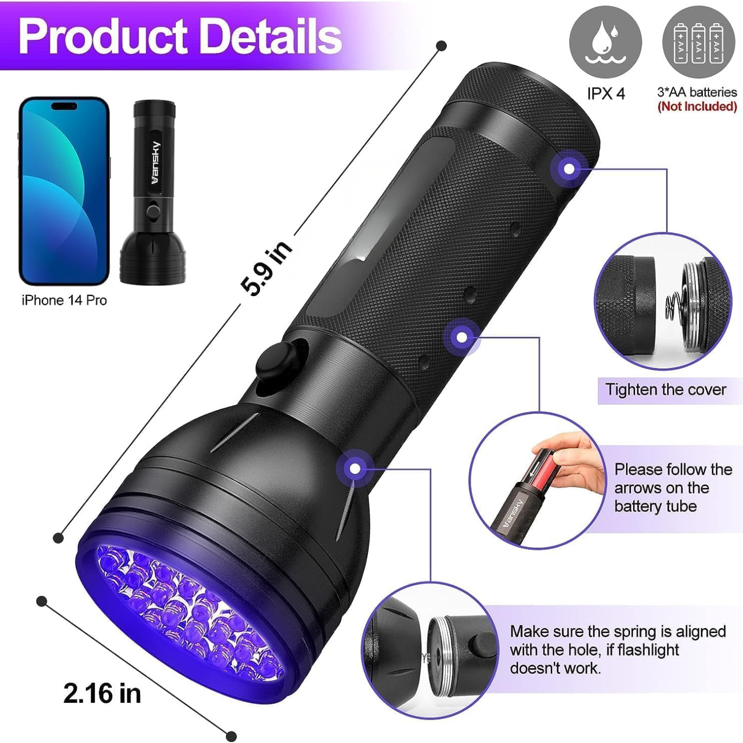 UV Flashlight Black Light, 51 LED Blacklight Pet Urine Detector For Dog Cat thumbnail 5