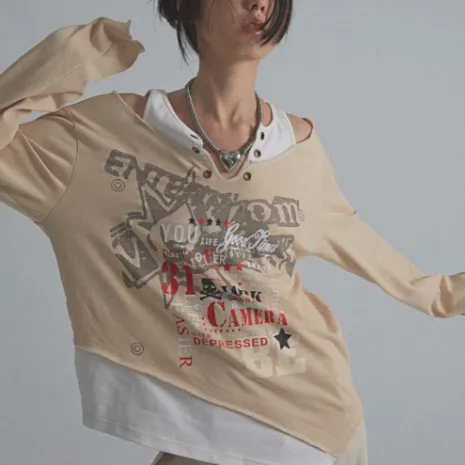 Loose Cotton Fake Two Piece Print Vintage Long Sleeves Khaki - Shop at LoveMi