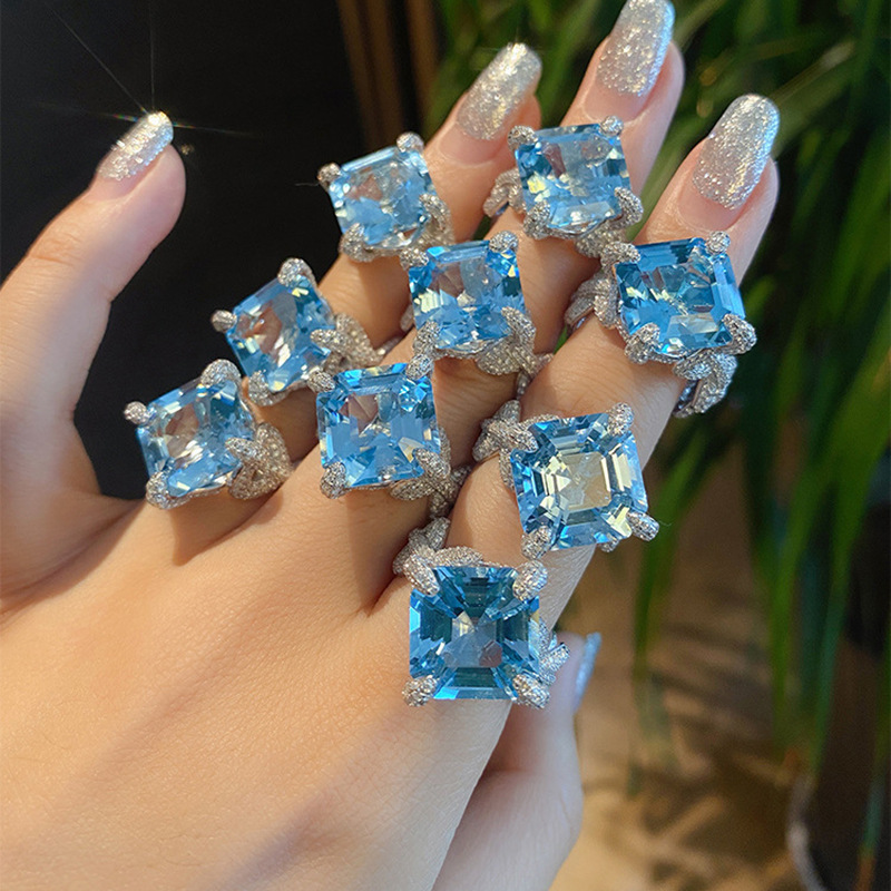 Square Cut Blue Gem Pave Ring, Sparkling Engagement Ring For Her thumbnail 1