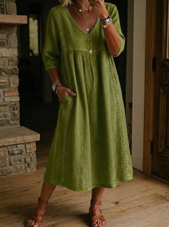 Casual Loose V-Neck Lace Trim Linen Cotton Dress