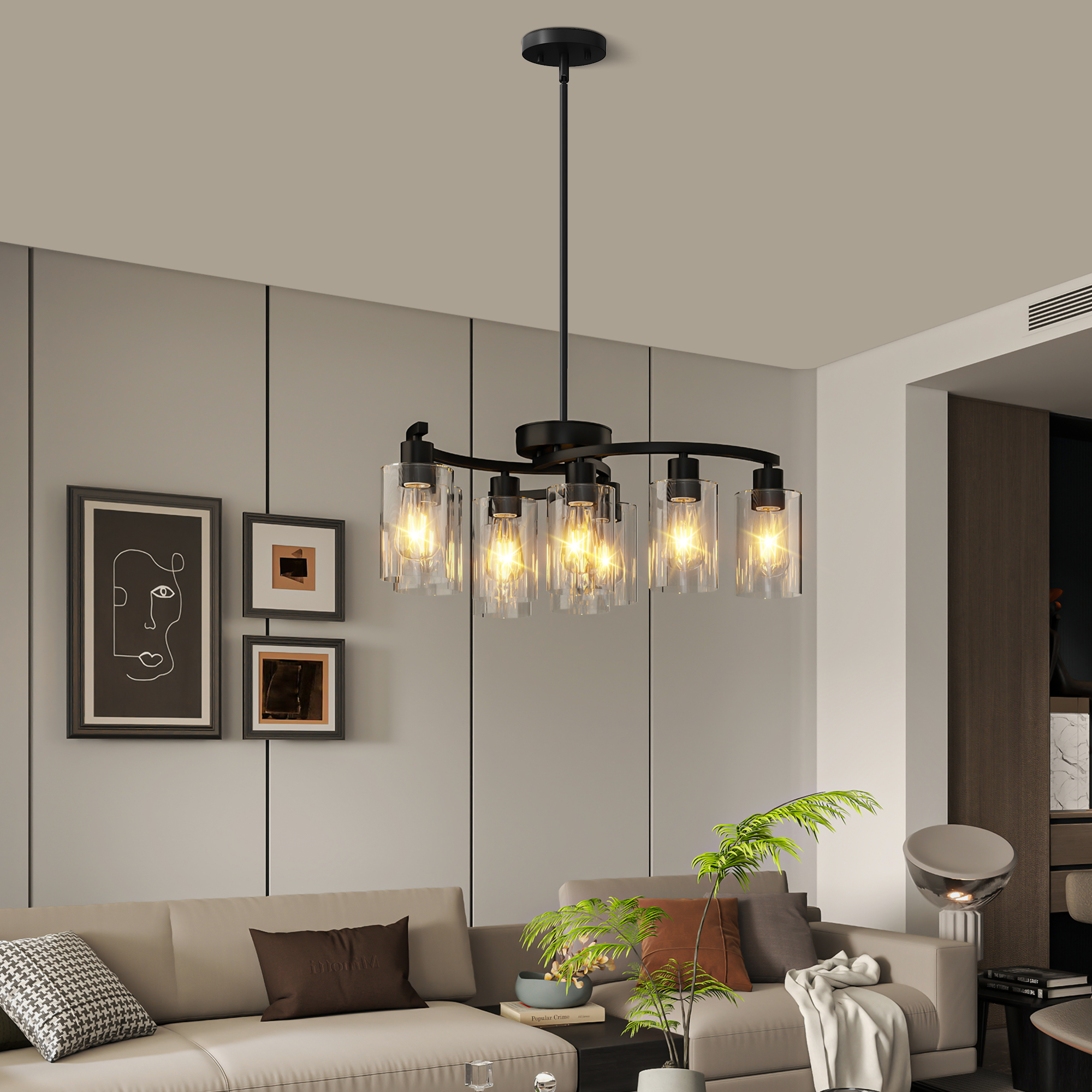 9-Light Black Modern Chandeliers For Dining Room, Adjustable Height Farmhouse Kitchen Island Lighting, Industrial Hanging Light Fixtures For Living Room Bedroom, Clear Glass Shade