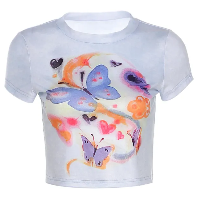 Round Neck Strapless Fashion Butterfly Print Short Sleeves Blue - Shop at LoveMi